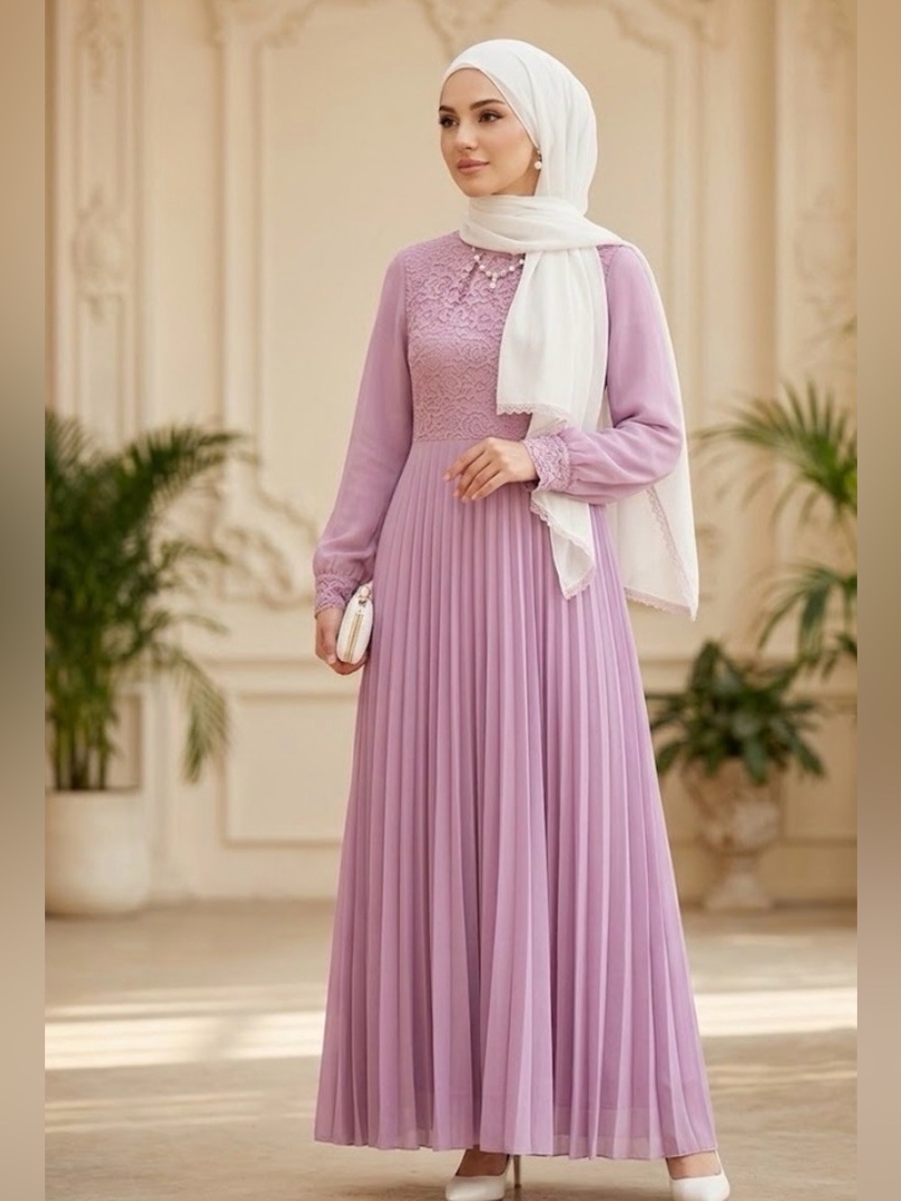 Pleated Lace Bodice Maxi Modest Dress Abaya in Dusty Rose Pink Size L